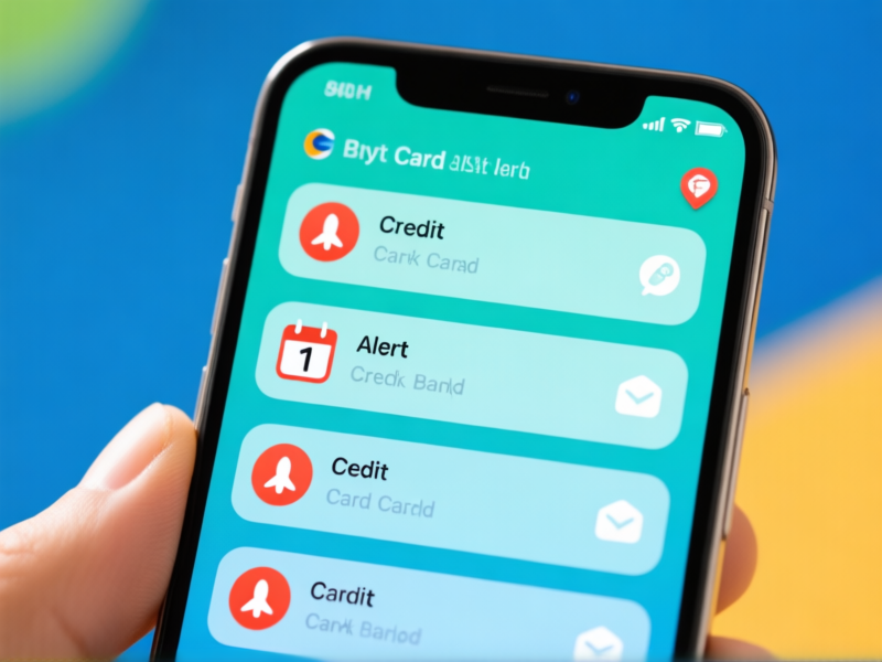 Close-up of a smartphone screen displaying multiple credit card alert notifications, icons for calendar and bank app, clean modern interface, bright colors