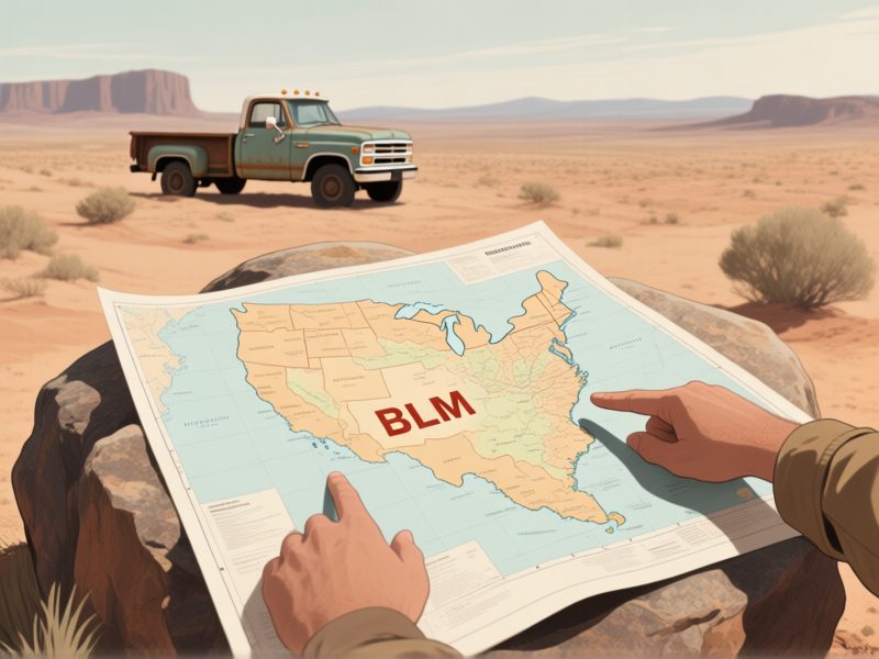 A detailed topographical map spread out on a rock, with a pair of hands pointing to a vast area marked 'BLM' in the desert southwest. A vintage truck is visible in the background. Style: realistic illustration, muted earth tones, sense of adventure and planning