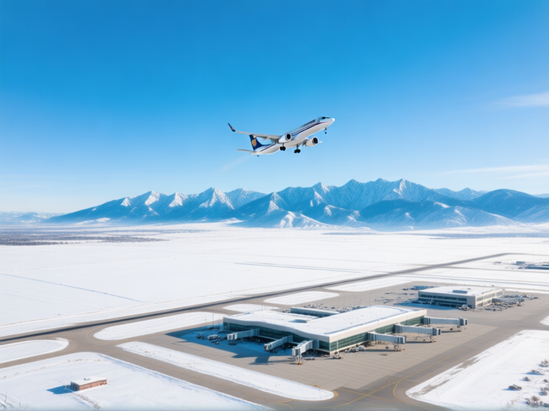 AI IMAGE PROMPT: An aerial drone shot, hyper-realistic, of a major western USA airport like Denver International (DEN) or Salt Lake City (SLC) on a clear winter morning. A single jet plane ascends into a blue sky over a vast blanket of snow-covered plains and distant, jagged mountain peaks. Style is sleek, modern travel photography.