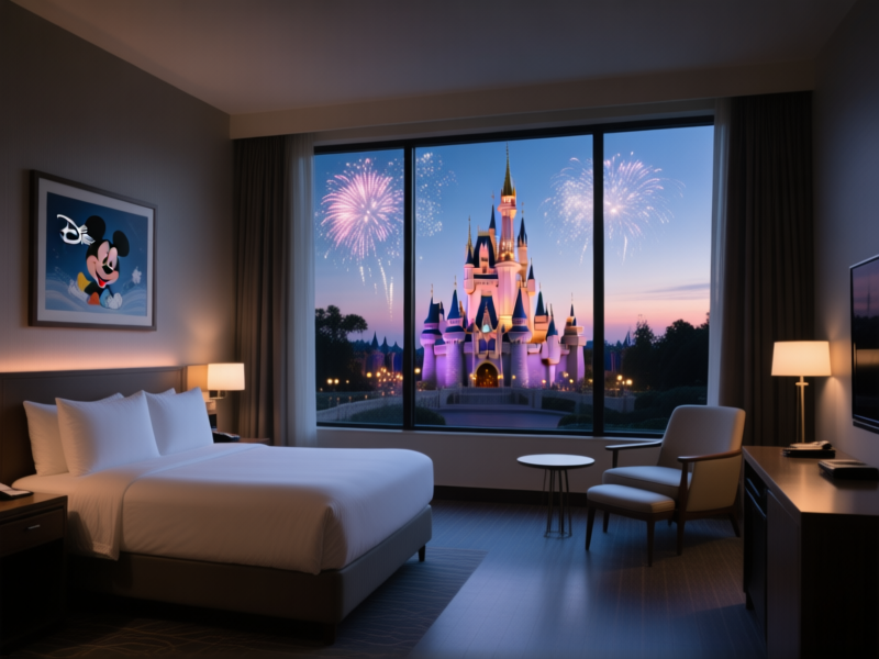 AI Image Prompt: A modern, stylish hotel room at dusk. Floor-to-ceiling windows reveal a distant, glittering Cinderella Castle and fireworks. The room is clean, with mid-century modern furniture, subtle Disney art on the wall. Moody, cinematic lighting, shot on a Sony cinema camera, wide aspect ratio.