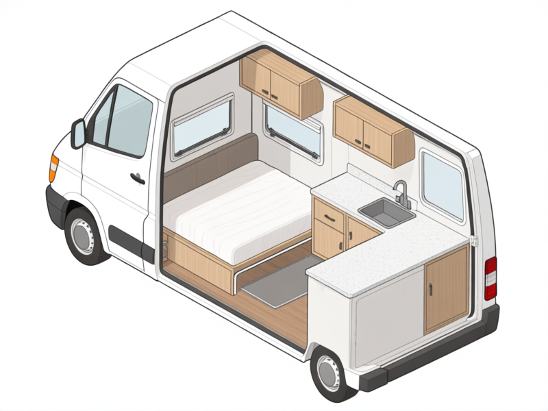 Midjourney prompt: isometric exploded-view diagram of a van conversion kit, showing modular bed frame, cabinet shells, and countertop, technical illustration style, clean white background --v 6.0