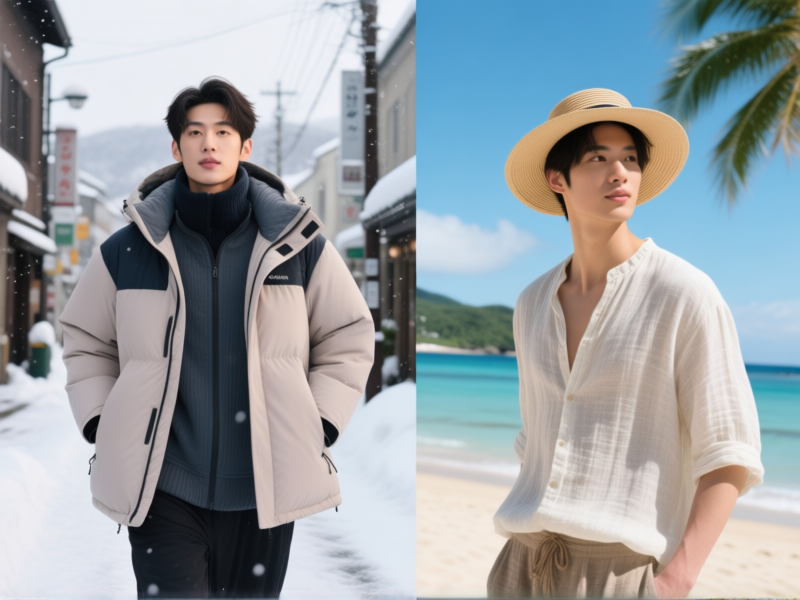 [Midjourney Prompt: split-screen image: left side shows a person in stylish thermal layers and a softshell jacket in a snowy Sapporo street, right side shows the same person in a breezy linen shirt and sunhat on a sub-tropical beach in Okinawa, hyper-realistic, fashion editorial style, highlighting contrasting textures –ar 16:9]