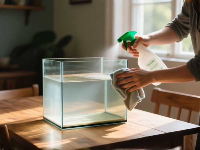 Midjourney prompt: A person's hands cleaning a second-hand 10 gallon glass aquarium tank with a spray bottle and cloth, tank is empty and on a wooden table, sunlight from a window, realistic, detailed textures of glass and wood