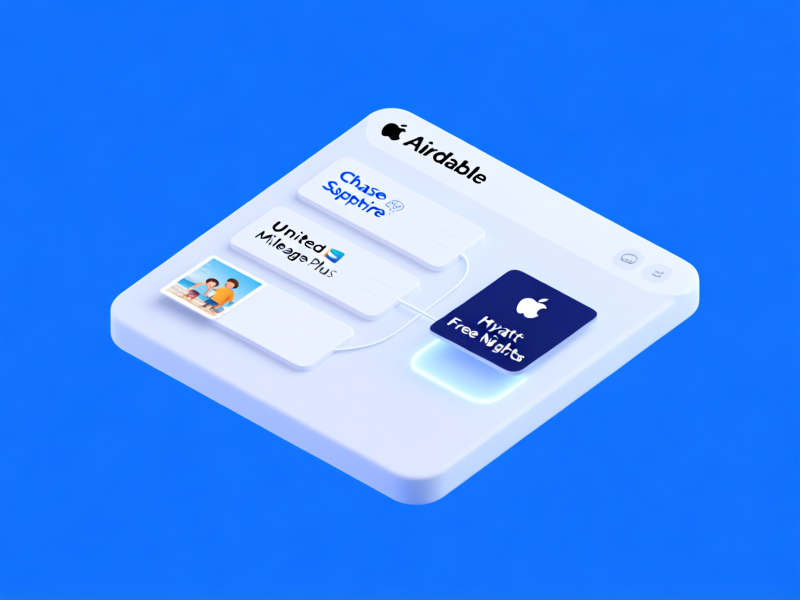 Minimalist, clean 3D render of an Airtable base interface floating in a serene blue space. It shows neat cards for 'Chase Sapphire Points', 'United MileagePlus', and 'Hyatt Free Nights', linked together with elegant lines. A simple family vacation photo is attached to one card. Soft glow, isometric view, Apple advertisement aesthetic --ar 16:9