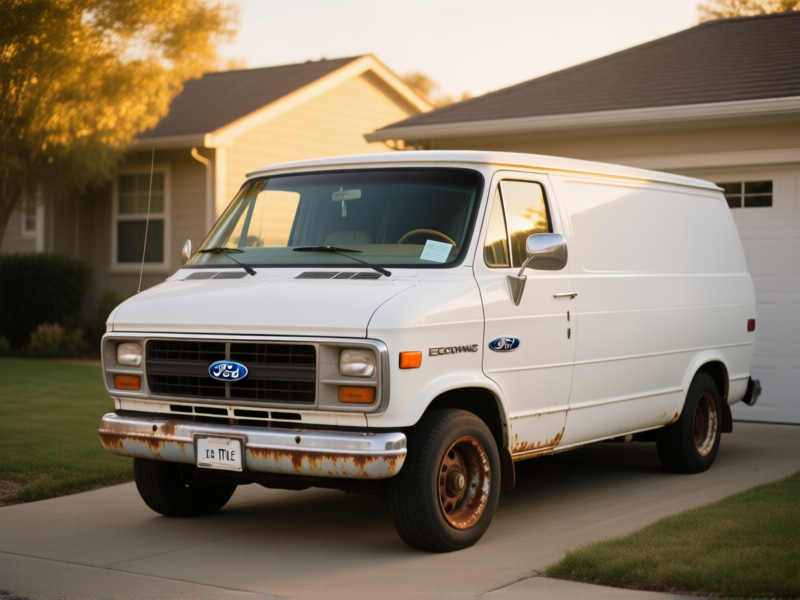 Stable Diffusion prompt: A high-mileage white Ford Econoline van parked in a suburban driveway, slight rust on wheel wells, clean title on dashboard visible through windshield, golden hour lighting, photorealistic, detailed, --ar 16:9