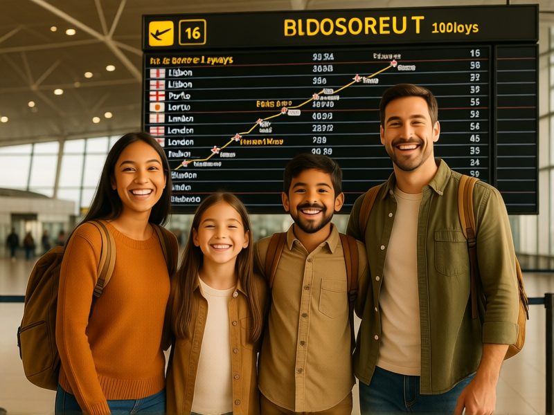 A happy, relaxed family of four standing by an airport departure board showing a complex route with layovers, Lisbon, Porto, London, visual style warm and adventurous --ar 16:9
