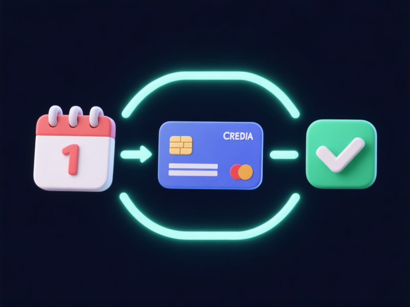 Minimalist 3D animation style, icons representing a calendar, a credit card, and a checkmark connected by clean glowing lines on a dark background, showing automated flow, concept of autopay