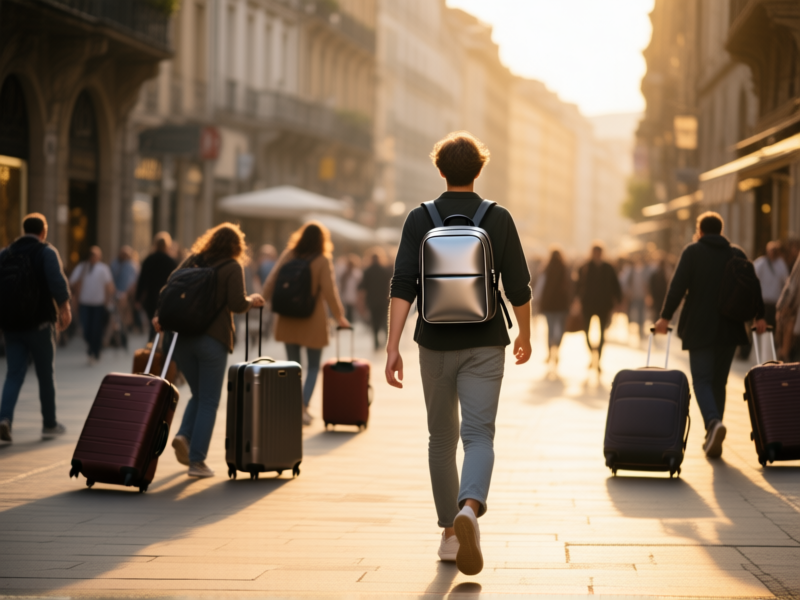 A person confidently walking through a bustling European city street with just one sleek, compact backpack. They look light and free, contrasting with other travelers struggling with multiple heavy suitcases. Photorealistic, candid street photography style, golden hour lighting, --ar 16:9