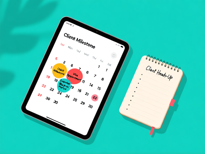 Vibrant, flat-lay infographic top-down view. A digital tablet shows a simple, clean calendar. Key dates are marked with bold circles: 'Client Milestone', 'Visa Appointment', 'Expected Blackout Period'. A notebook with handwritten bullet points titled 'Client Heads-Up' lies next to it. Clean, minimalist aesthetic, soft shadows, bright and organized.