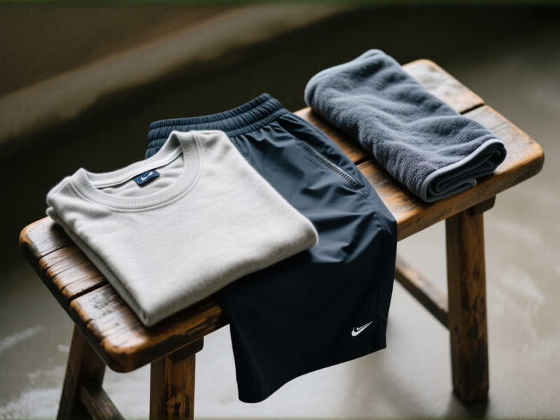 A flat lay of high-performance travel fabrics on a weathered wooden stool: merino wool t-shirt, lightweight linen shirt, quick-dry dark-colored shorts, and a technical fabric towel. Humid ambiance with slight lens distortion to imply heat. Detailed texture shot. --ar 16:9 --v 6.0