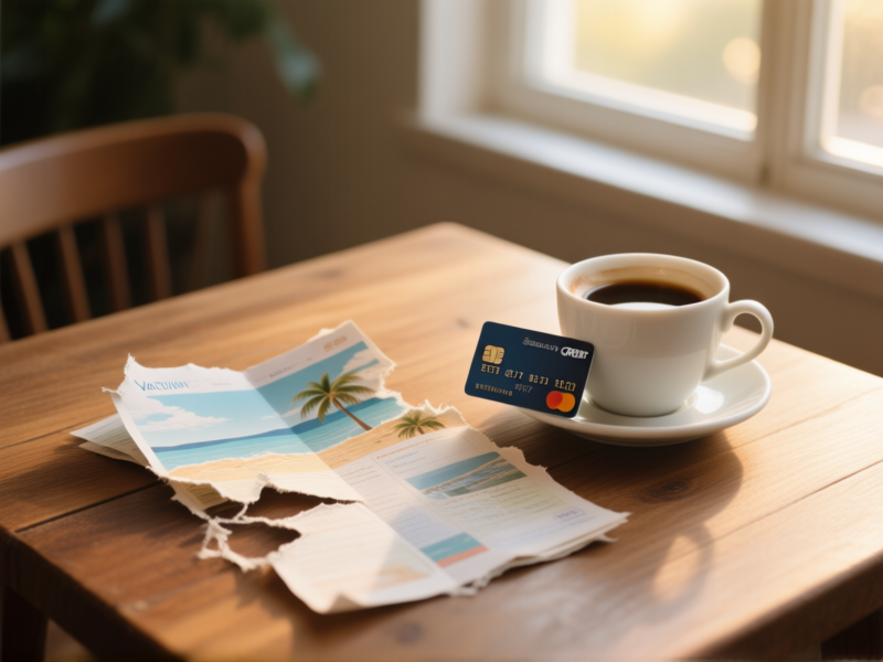 Stable Diffusion prompt: An elegantly discarded, torn-up vacation itinerary on a wooden table. A calming cup of coffee sits next to it, with a credit card placed carefully on top like a paperweight. Soft morning light streams through a window. Warm, reassuring atmosphere, detailed still life.