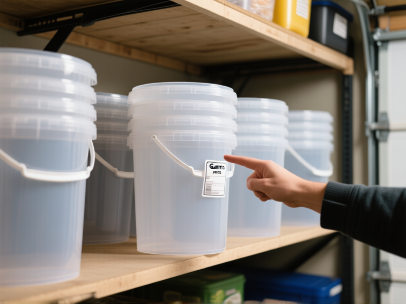 Midjourney Prompt: A well-organized garage shelf with a stack of new, identical translucent food-grade HDPE buckets with gamma seal lids. A person's hand is pointing a label that reads 