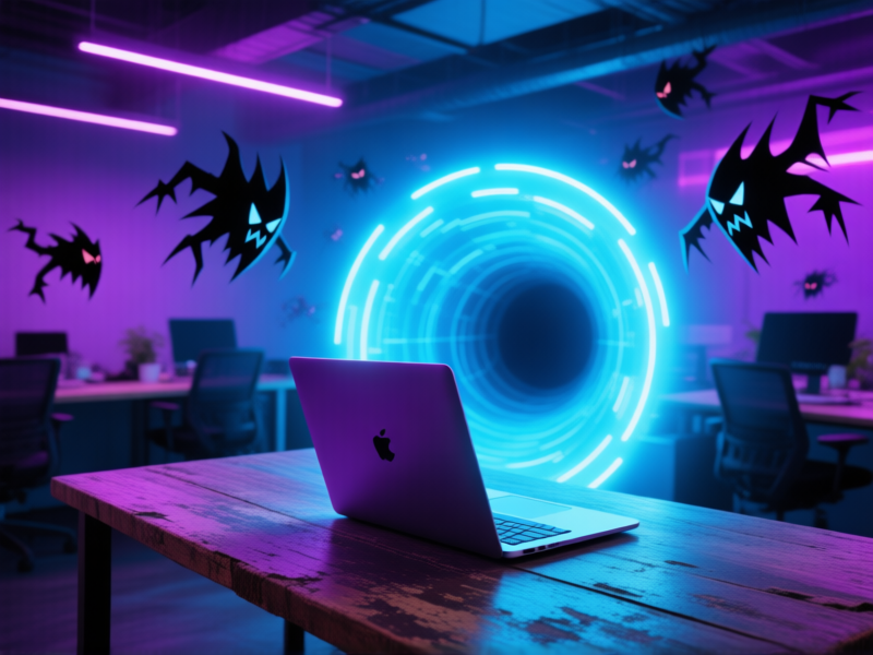A visual metaphor of a virtual private network. A freelancer's laptop sits on a weathered wooden desk in a co-working space. A glowing, impenetrable tunnel of light encapsulates the laptop, shielding it from shadowy, jagged network threats floating in the background. Cyberpunk aesthetic, neon blues and purples, sharp focus.