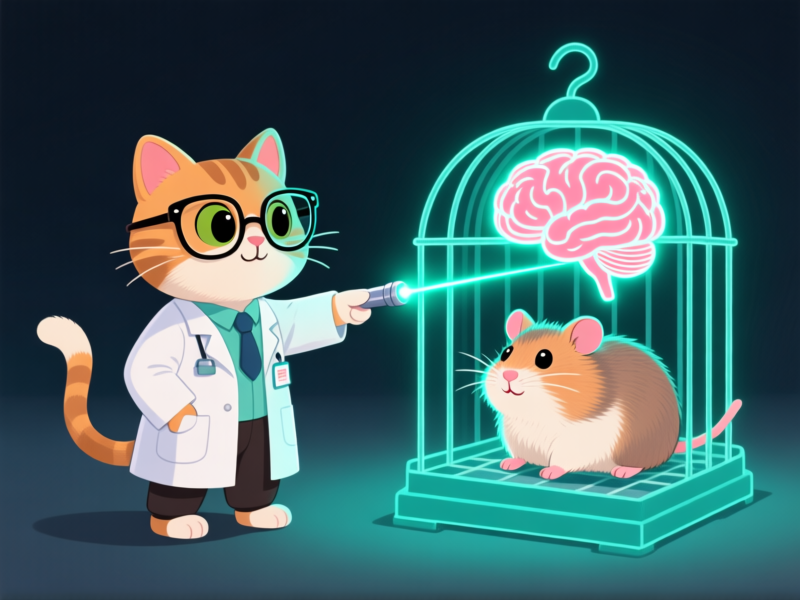 Midjourney Prompt: Anthropomorphic illustration, a cat wearing a tiny lab coat and glasses, pointing a laser pointer at a diagram of a hamster cage, cross-section showing a cat's brain lighting up with 