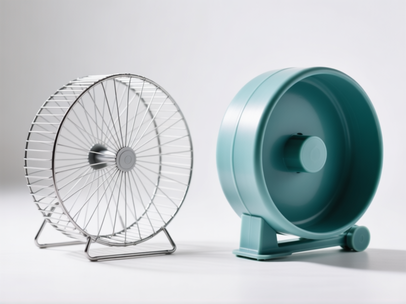 (Side-by-side product shot, clean studio lighting: A noisy metal wire hamster wheel vs. a large, solid plastic 'silent' runner wheel, close-up on the smooth running surface, minimalist, sharp focus, commercial photography style)