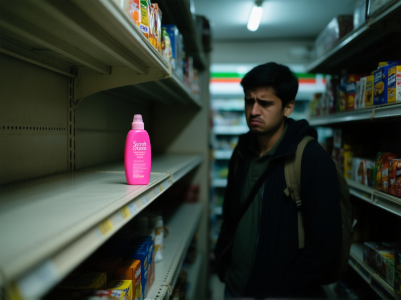 Cinematic photography, a frustrated tourist standing in a narrow, dimly-lit foreign convenience store aisle. Shelves are sparse, filled with unfamiliar brands. The single bottle of sunscreen is an odd, bright pink color. Soft, anxious lighting.