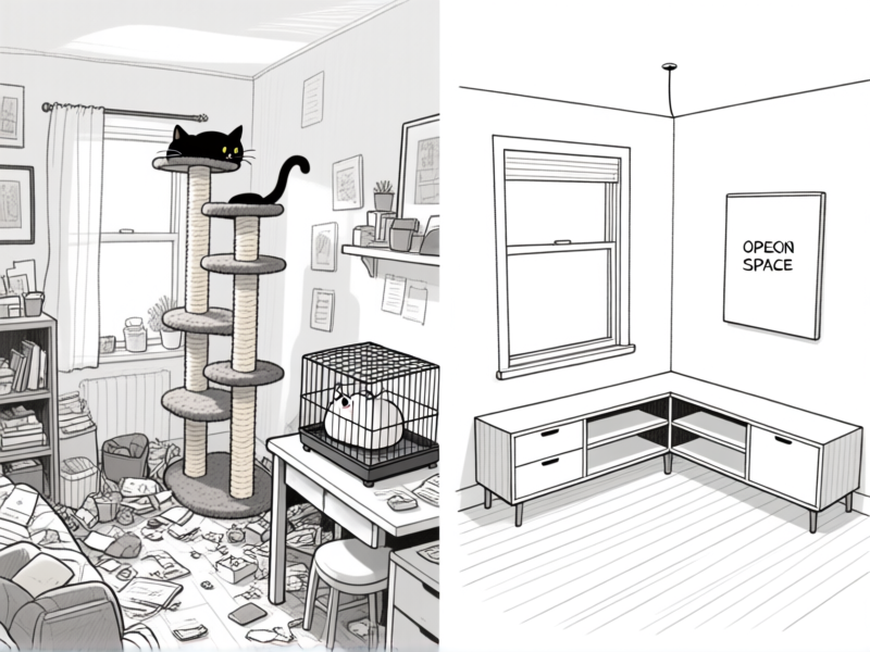 side-by-side infographic sketch. Left: A cluttered room with a bulky cat tree in the middle and a hamster cage on a desk, looking cramped. Right: The same room with a sleek corner unit that combines both, creating open floor space. Clean lines, labeled diagrams