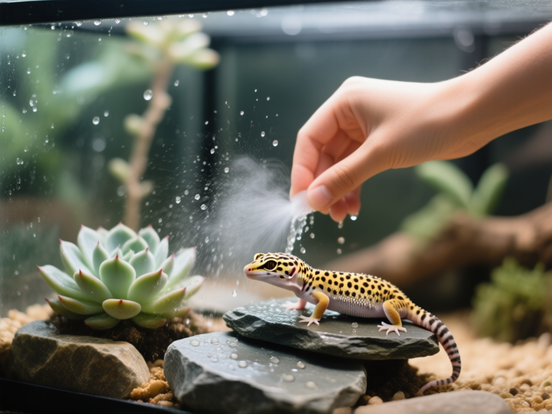 A person's hand gently misting water over slate rocks and a succulent in a leopard gecko terrarium. Fine water droplets are caught in the light. Focus on the action, soft natural lighting. --style raw --ar 16:9