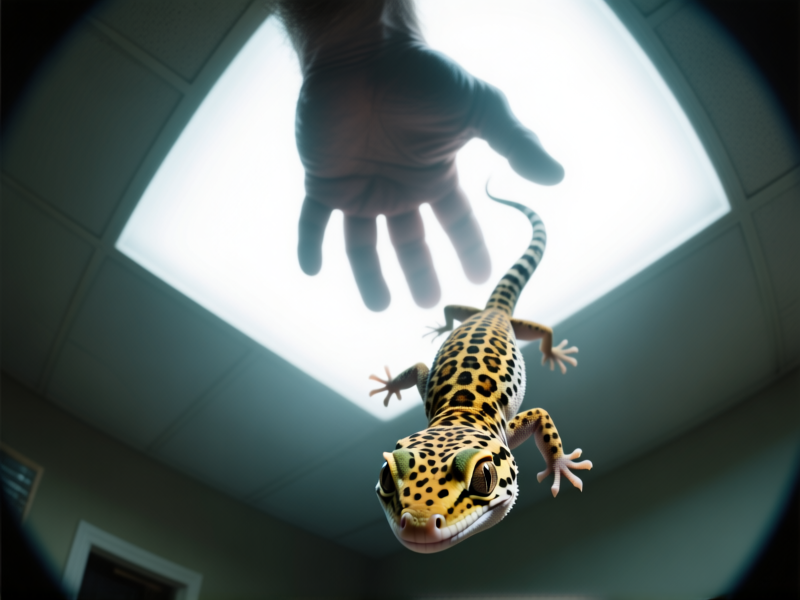Midjourney Prompt: Point-of-view shot from a leopard gecko's perspective. A giant, blurry human hand descending from above against a bright ceiling light, casting a dramatic shadow. Wide-angle lens distortion to emphasize the scale and threat. --style raw --ar 16:9