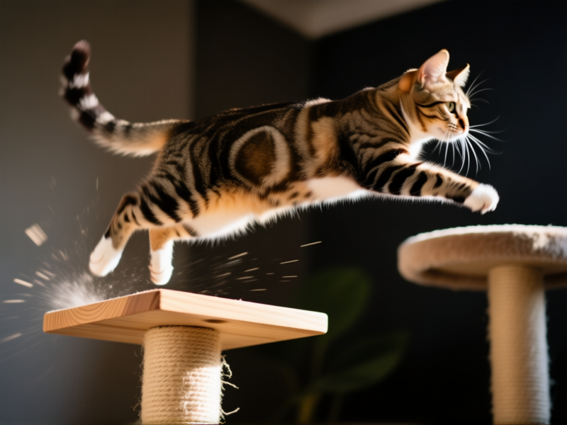 AI Image Prompt: Slow-motion action shot, a tabby cat in mid-leap onto a cat tree platform. Motion blur on the legs, the platform wood subtly flexing under the initial impact. Dramatic side lighting capturing the kinetic energy. Shot on a high-speed camera. --ar 4:3 --v 6.0