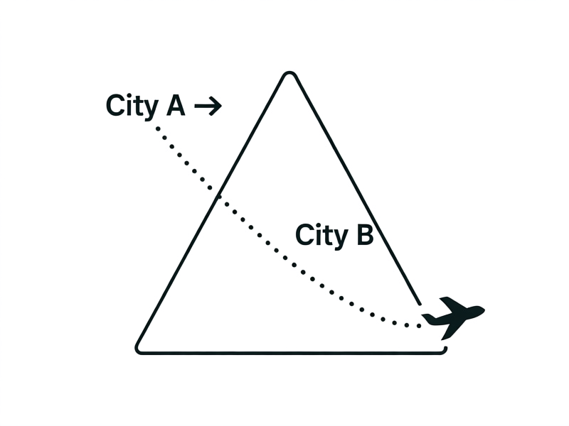 A minimalist, educational infographic style. On the left, a dotted flight path connects three cities in a triangle: City A --> long line to City B (label: 