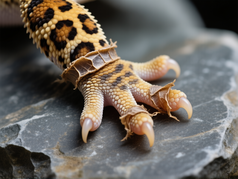 High detail shot of a leopard gecko's foot with constrictive, dry shed skin tightly wrapped around three toes, against a slate rock background, photorealistic