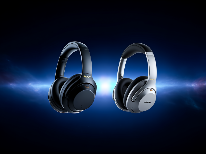 A pair of Sony WH-1000XM5 headphones and Bose QuietComfort Ultra Headphones floating in a dark, nebula-like space, facing each other as if in a standoff. Cinematic lighting, sci-fi aesthetic, product design highly detailed --ar 16:9