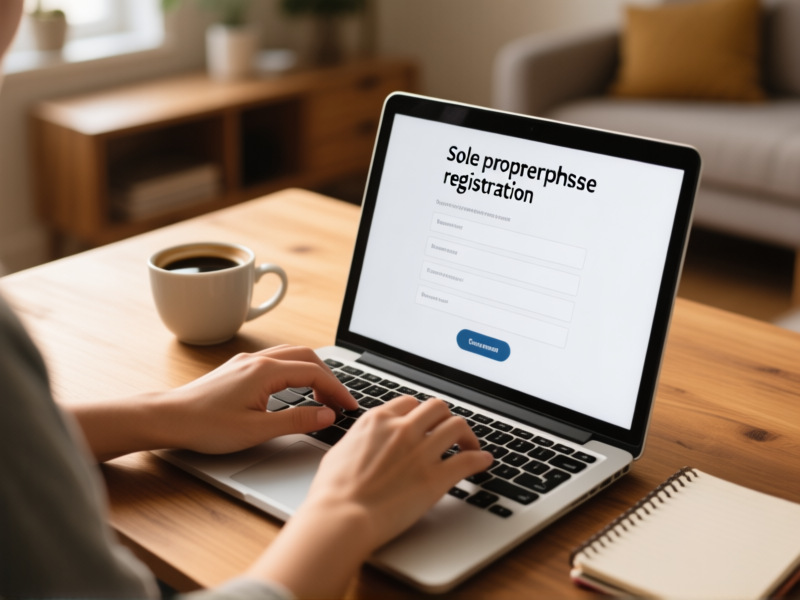 Close-up of hands typing on a laptop, screen showing a simple sole proprietorship registration form, with a coffee cup and notebook on a wooden desk, cozy home office ambiance, shallow depth of field, warm light, --ar 16:9