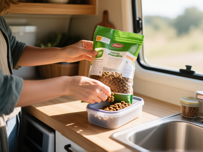 Stable Diffusion prompt: Close-up of a person's hands portioning dry kibble from a large, affordable bag into a reusable container in a van kitchenette. Sunlight streaming in, labels visible. Frugal living, practical, realistic details, natural light --ar 4:3