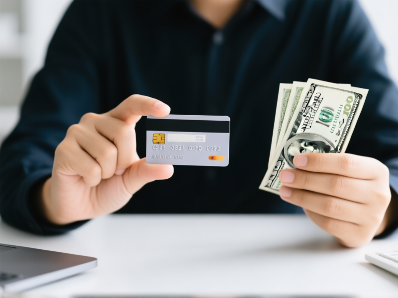 Close-up shot of a person's hands confidently holding a single credit card, with a crisp paper bill in the other hand, symbolizing paying it off. Selective focus, clean desk background. --style raw --ar 16:9