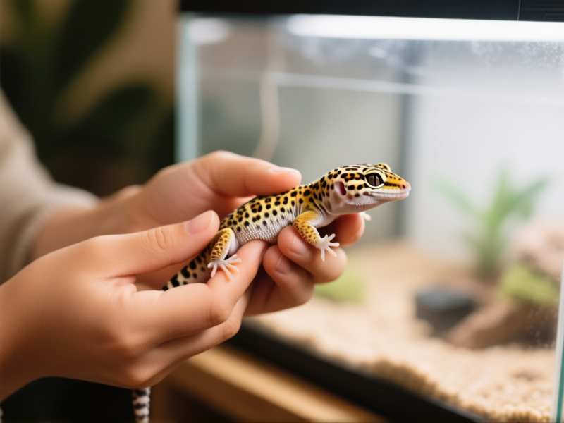 Midjourney prompt: A concerned leopard gecko keeper's hands gently holding a gecko. The gecko looks thin. In the background, a clean terrarium. Shot with a shallow depth of field, warm natural light. Style: candid pet owner photography.