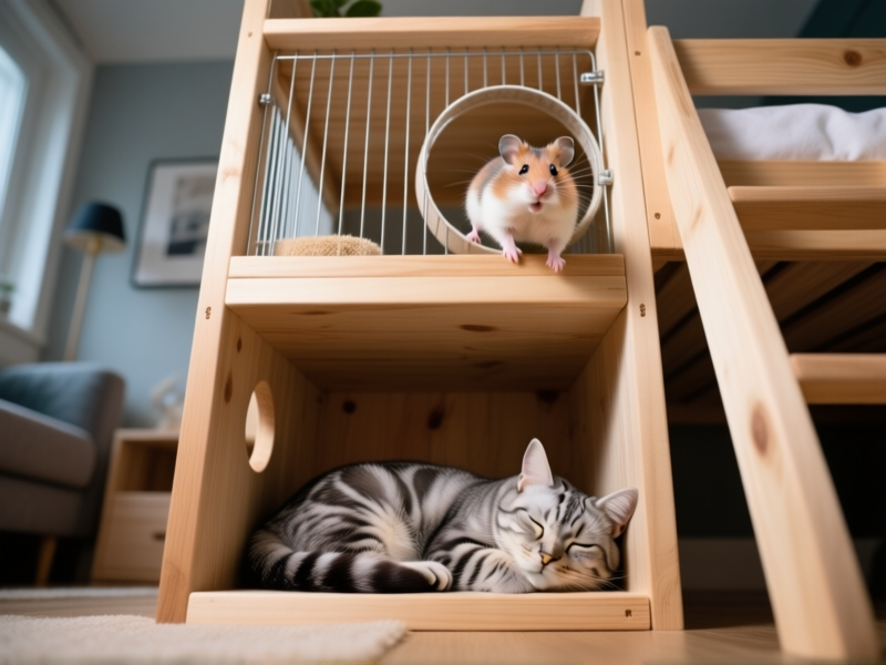 AI Image Prompt: A happy grey tabby cat curled up asleep in a lower cubby of a wooden bunk structure. A small Syrian hamster is visibly active in the cage above, running on a wheel. The scene shows peaceful co-existence and efficient use of vertical space in a stylish room. Shot from a low angle to emphasize height. Cinematic lighting, shallow depth of field. --ar 16:9