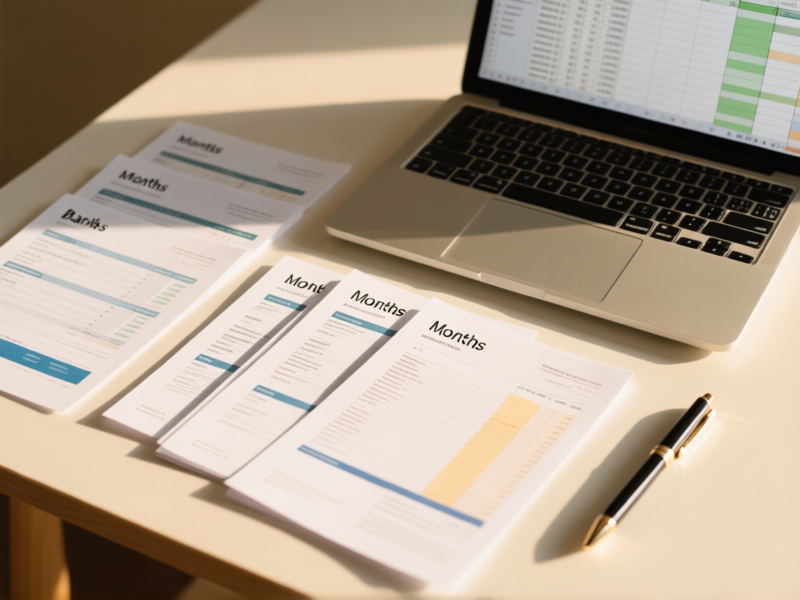 Flat lay photography of several months of bank statements neatly arranged, a laptop showing a spreadsheet, a pen, warm natural light, clean and organized aesthetic --ar 16:9
