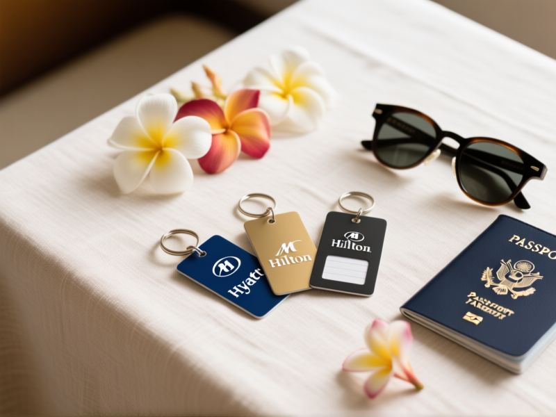 Stable Diffusion prompt: A clean, minimalist flat lay on a linen tablecloth. Three hotel room keycards are fanned out: one Hyatt, one Hilton, one Marriott. Next to them, a stylish passport, a pair of sleek sunglasses, and a few scattered tropical flowers. Soft, natural lighting, top-down view, ultra-detailed, crisp focus. --ar 16:9