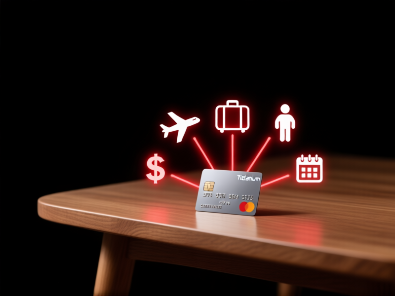 A minimalist, clean infographic style image. A single, elegant titanium credit card sits on a wooden table. From it, glowing red lines with dollar sign ($) labels spiderweb out to icons representing a plane, a suitcase, a person, and a calendar. Dark background, studio lighting, sharp focus.