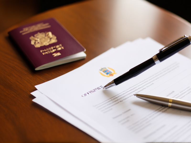 A close-up shot of official-looking documents and passports on a wooden table. A pen points to the word 