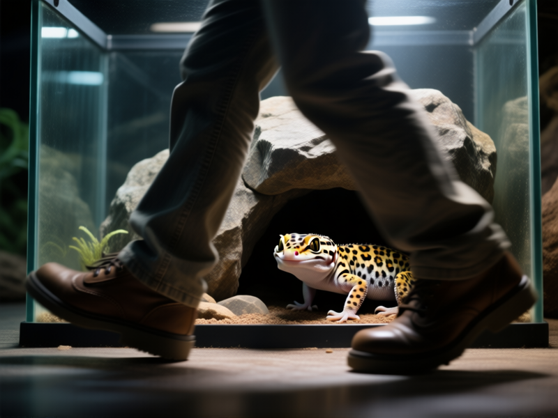 Stable Diffusion prompt: Leopard gecko peeking fearfully from behind a rock hide. Giant, blurry human legs and shoes passing by the glass tank, creating looming shadows. Perspective from the gecko's low vantage point. Style: cinematic lighting, dramatic shadows, photorealistic details on the gecko's scales and the human textures.