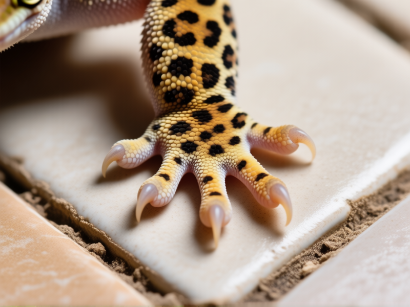 Stable Diffusion prompt: Top-down macro photo of a leopard gecko's foot on a textured, naturalistic tile substrate. Sharp detail on the toe pads and clean, solid-colored tiles. Style: high-detail reptile photography, studio lighting.