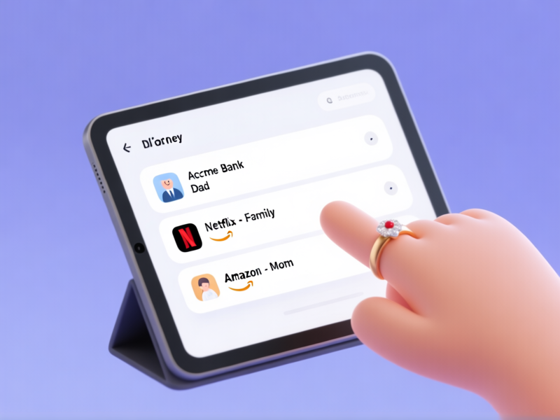 Midjourney prompt: A simple, clean, visually satisfying digital interface on a tablet. It shows a list of clearly labeled accounts: 'Acme Bank - Dad', 'Netflix - Family', 'Amazon - Mom'. Subtle, friendly iconography. A hand with a wedding ring is tapping the screen. Style: minimalist 3D rendering, soft UI glow, modern flat design --ar 16:9