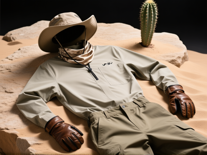 hyperdetailed product flat lay, technical desert clothing on a textured sandstone surface: a loose-fitting, long-sleeve UPF 50+ shirt, convertible pants, wide-brim ventilated hat, silk neck gaiter, tough leather gloves, a single cactus in the background, sharp focus, studio lighting --ar 4:3 --style raw