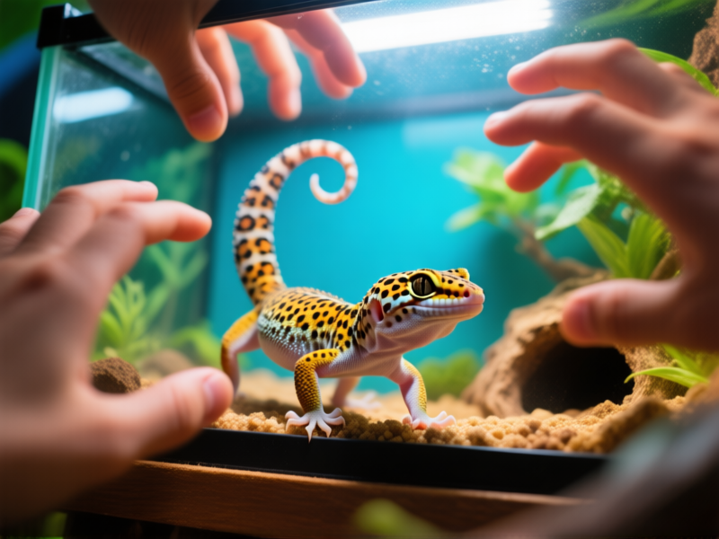 Midjourney prompt: A Leopard Gecko in a brightly colored, overcrowded tank with no hides. Loud, blurry human hands are reaching into the tank from above. The gecko's posture is tense, tail raised in a defensive curl. Shot from a low, gecko-eye-view, conveying stress. --ar 16:9