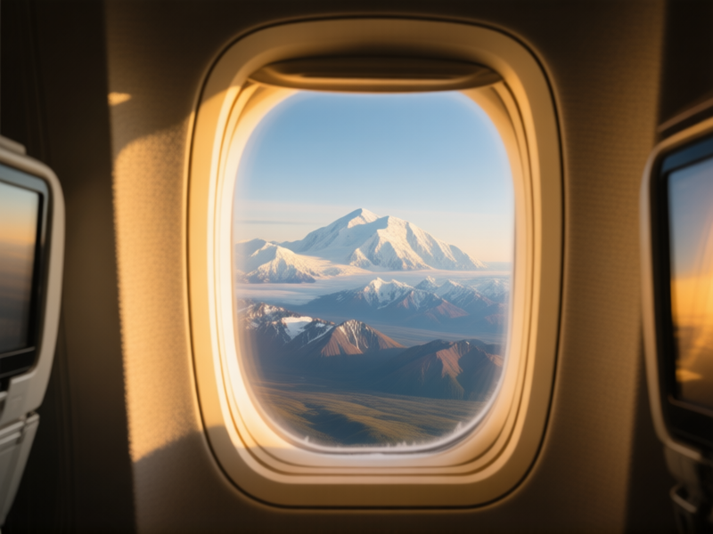 Window view from inside a commercial jetliner flying over a stunning panorama of the Alaska Range, with Denali (Mount McKinley) prominently visible. The window frame is slightly frosted. Golden hour light, photorealistic, wide-angle lens, awe-inspiring scale.