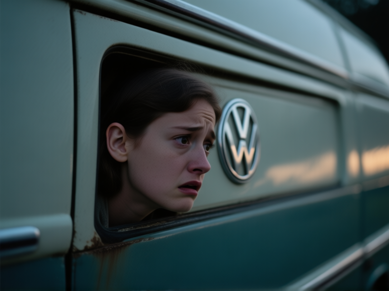 Midjourney Prompt: A close-up, detailed shot of an ear pressed against the side panel of a vintage VW van, with a faint, concerned expression on the person's face. Slight motion blur on the van, emphasizing listening. Moody, cinematic lighting. --ar 16:9 --style raw