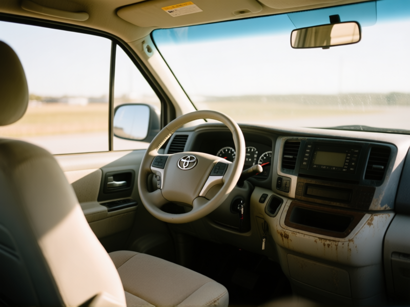 Detailed close-up photo, a slightly weathered but clean Toyota Sienna van interior, driver's seat, sunlight filtering through windshield, focus on the odometer and clean dashboard, sense of solid reliability, documentary style --ar 4:3