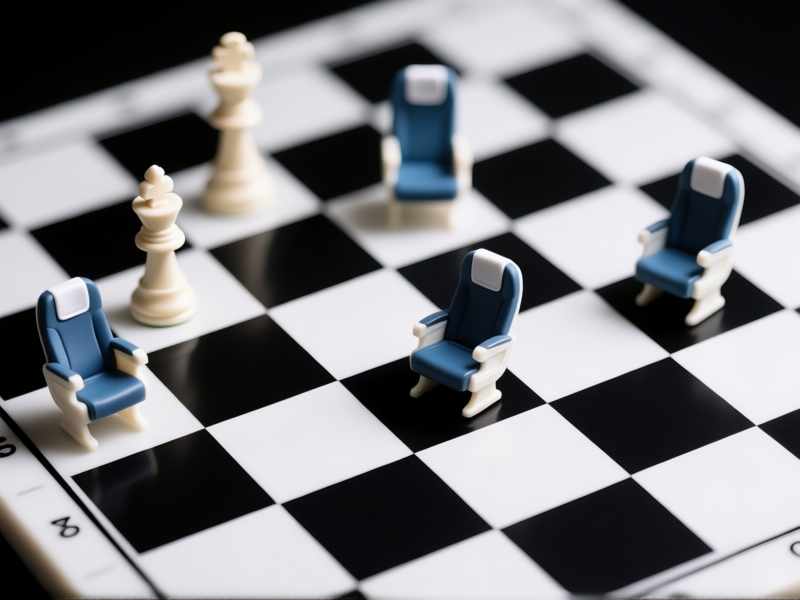 A chessboard where the pieces are miniature airplane seats. Only one black square has a seat, the other three are missing. Top-down view, symbolic, sharp focus, minimalist. --style raw --ar 16:9