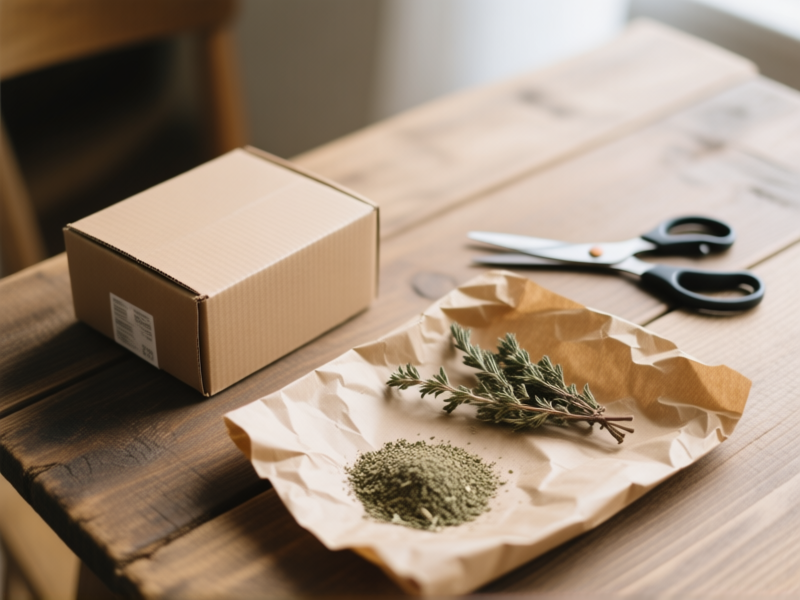 Top-down photo of raw materials on a rustic wooden table: a clean cardboard box, scissors, crumpled brown paper, a few dried herbs, a sprinkle of catnip, soft focus background, natural light.