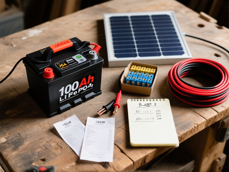 Still life photograph on a rough wooden workbench. A 100Ah LiFePO4 battery, a 30A PWM charge controller, a 100W solar panel, a box of fuses, and a roll of red/black 10AWG cable. Receipts and a notepad with a simple budget breakdown scribbled on it sits to the side. --ar 16:9
