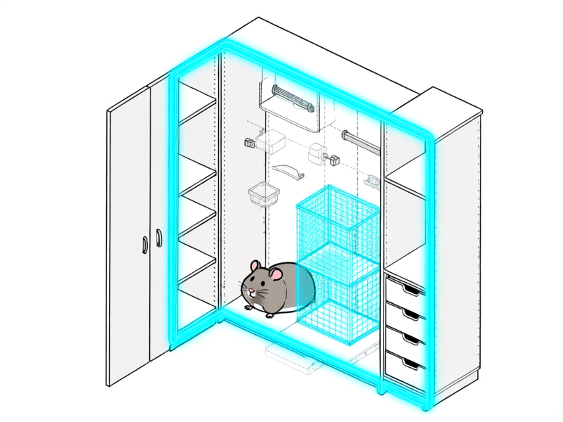 Midjourney prompt: Isometric exploded view diagram. The components of an IKEA PAX cabinet frame, shelves, and Komplement drawers are visually separated from each other in a technical-style illustration. A hamster habitat layout is overlaid in a glowing blue wireframe inside the cabinet's boundaries. Style: Technical drawing, airbrushed aesthetic, clean white background, detailed.