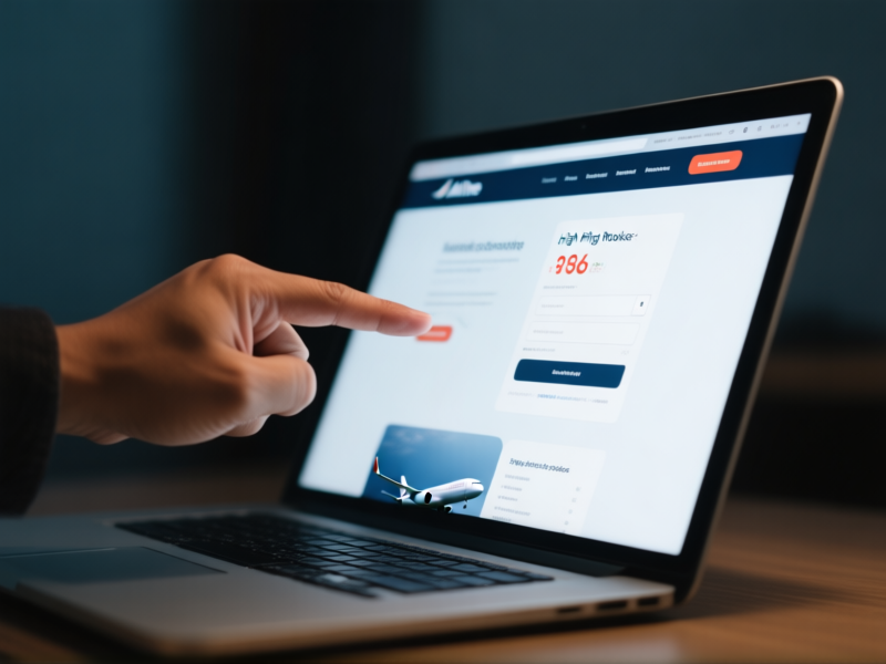 A person's hand pointing in frustration at a sleek airline website booking page on a laptop screen, showing a high price, focus on the screen, shallow depth of field, cinematic lighting --ar 16:9