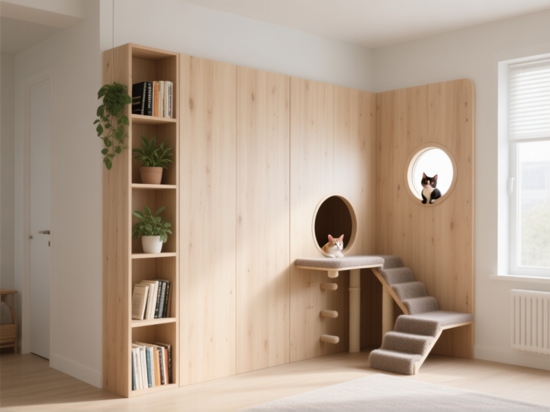 AI Image Prompt: A stylish, floor-to-ceiling room divider in a light wood finish (Scandinavian / Mid-century modern style). One side has open shelving with books and plants for a human. The other side integrates a carpeted cat perch, climbing ramps, and a built-in enclosed cubby with a round porthole window for a small pet. Clean lines, functional aesthetic. 3/4 view, daytime, hyper-realistic render.